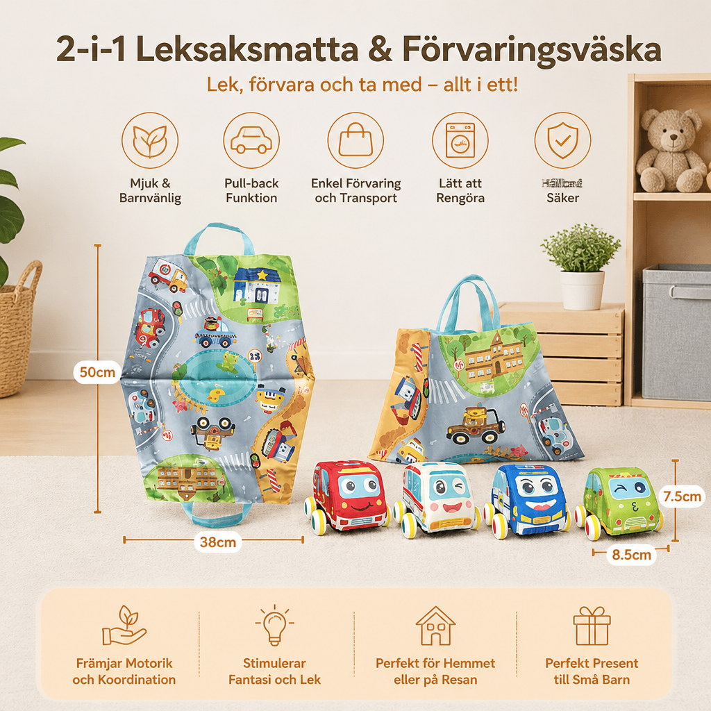 Mjukt Set med Pull-back-bilar i Plysch med 2-i-1 Leksaksmatta och Förvaringsväska