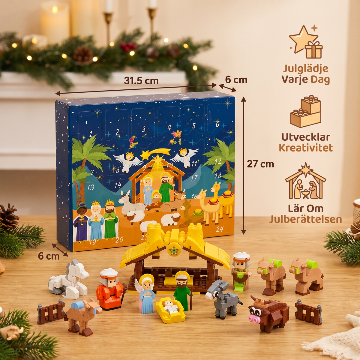 Julkrubba adventskalender med byggklossar för barn