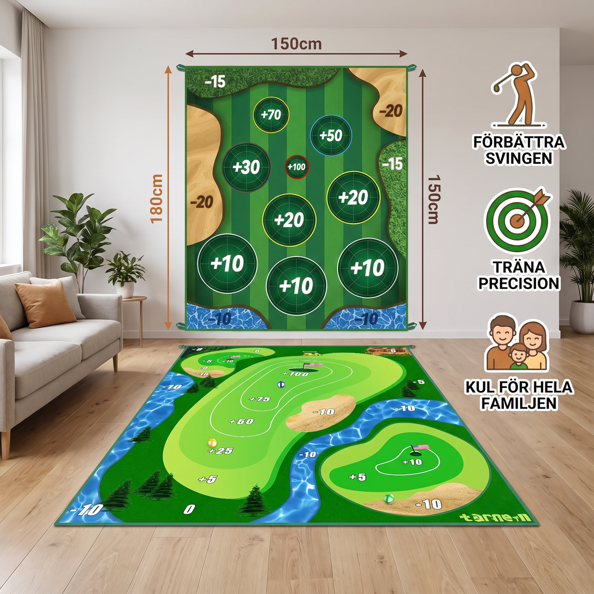 2i1 Golf Tränings- och Lekset – Inomhus- och Utomhus Svingmatta med Målvägg och Klubb