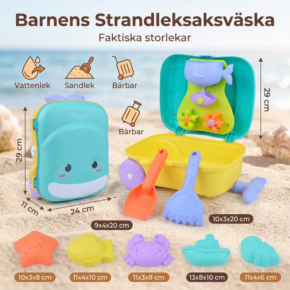 Barnens Strandleksaksväska med Sandverktyg och Timglas