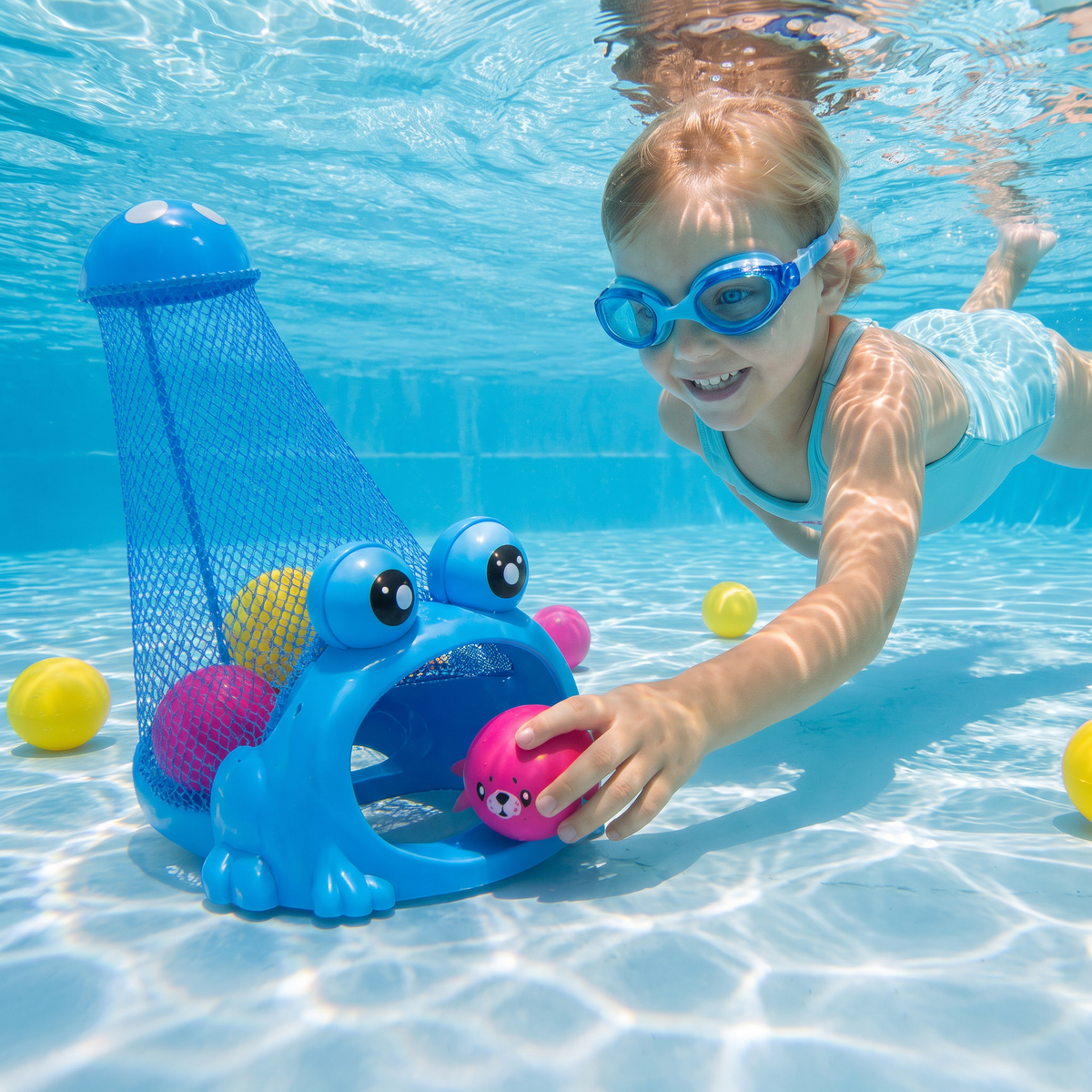 Frosch Dyk Pool Leksak med Fångstnät och Havsdjursbollar