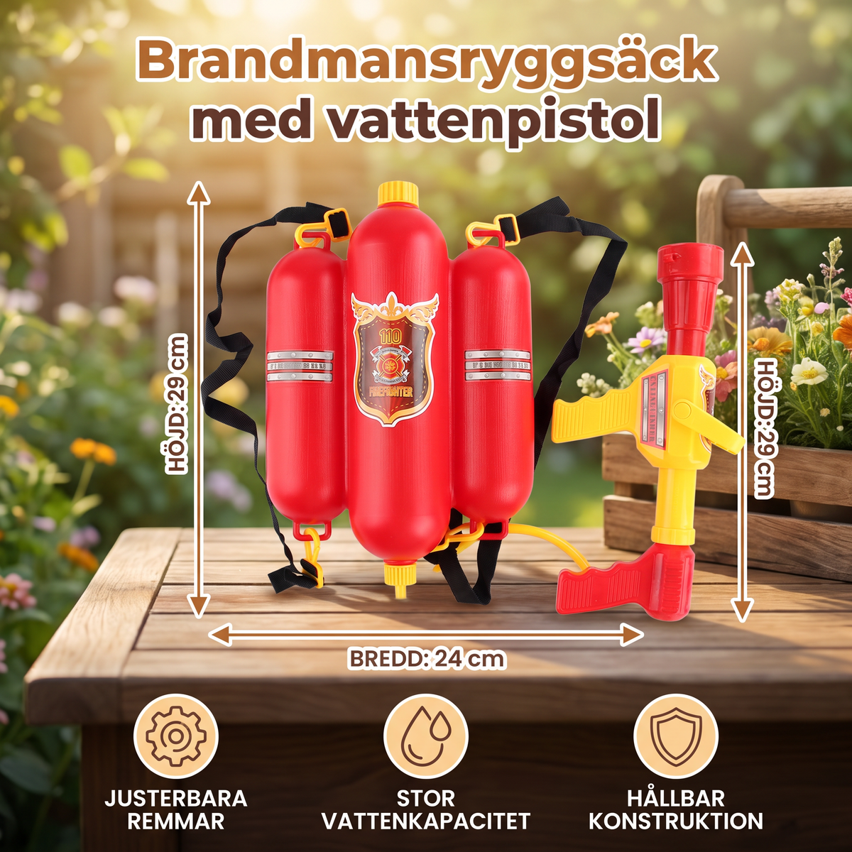 Brandmansryggsäck med vattenpistol för barn – utomhuslek på sommaren