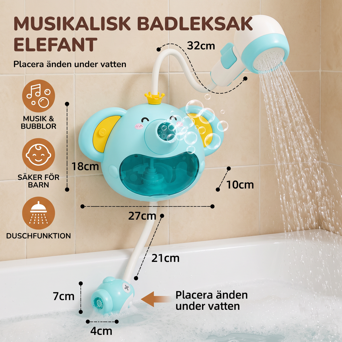 Musikalisk Badleksak i Form av en Elefant med Bubblor och Duschhuvud