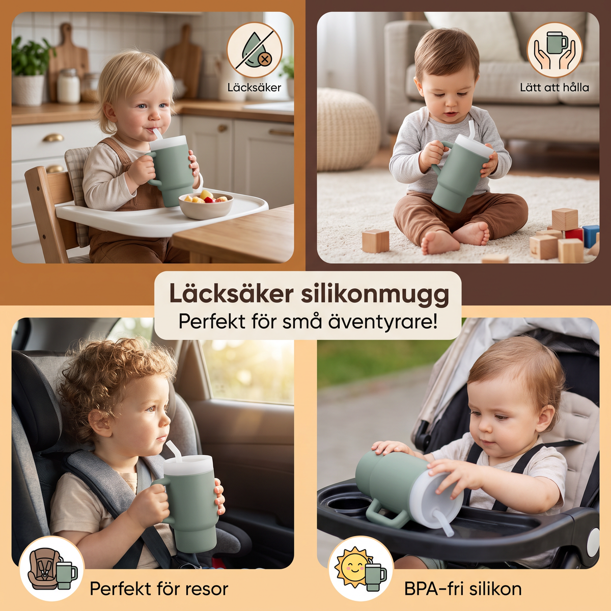 Läcksäker silikonmugg med sugrör för småbarn
