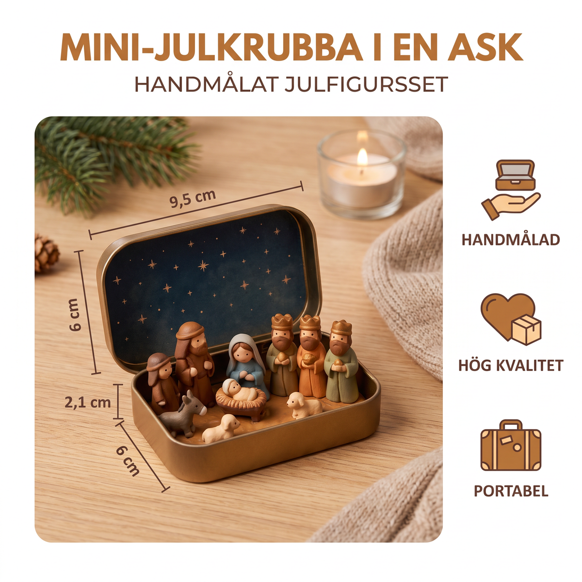 Mini-julkrubba i en ask – handmålat julfigursset