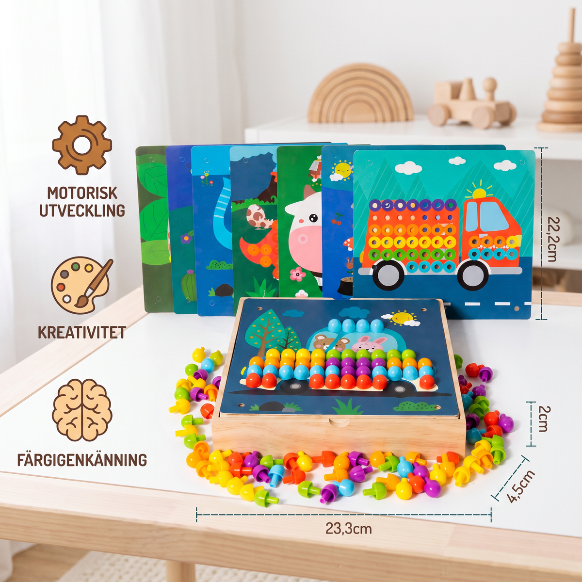 4-i-1 Montessori Sensorisk Reseaktivitetstavla i Trä med Kugghjul och Färgglada Pluggar