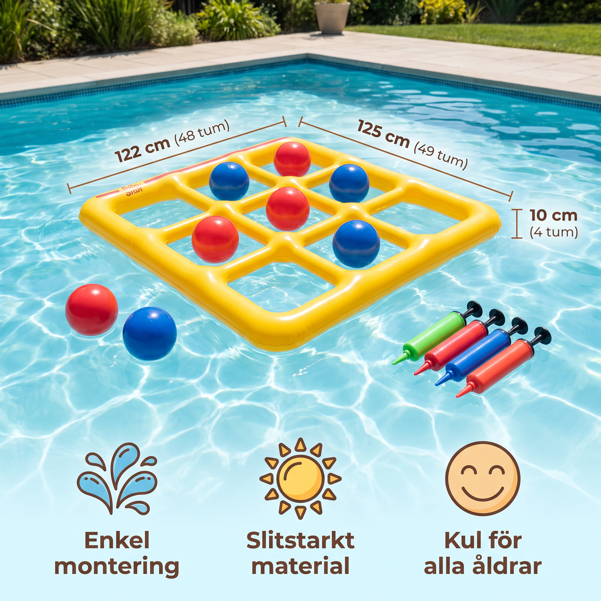 Uppblåsbart Pool Tic-Tac-Toe Spel – Vatten Partyspel med Bollar och Pump
