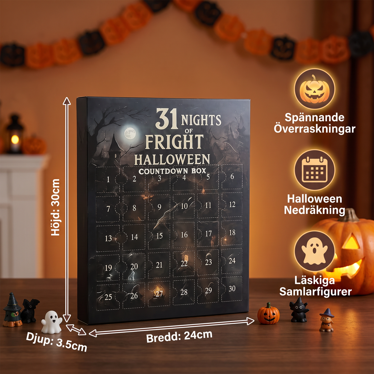 Halloween-nedräkningskalender med läskiga överraskningsfigurer och hängen