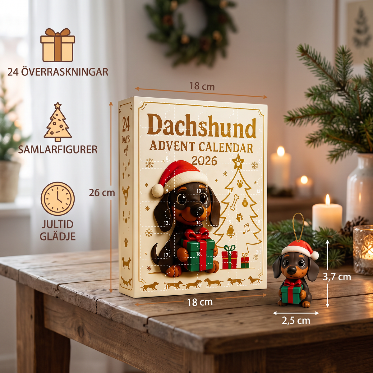 Dachshund-adventskalender med överraskningsfigurer – 24 dagar