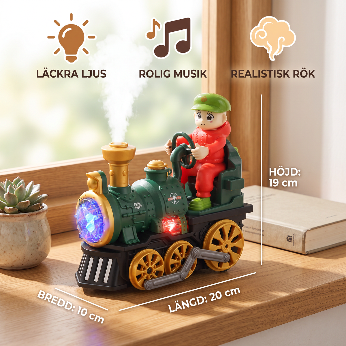 Söt leksaksånglok med ljus, musik och rökeffekt