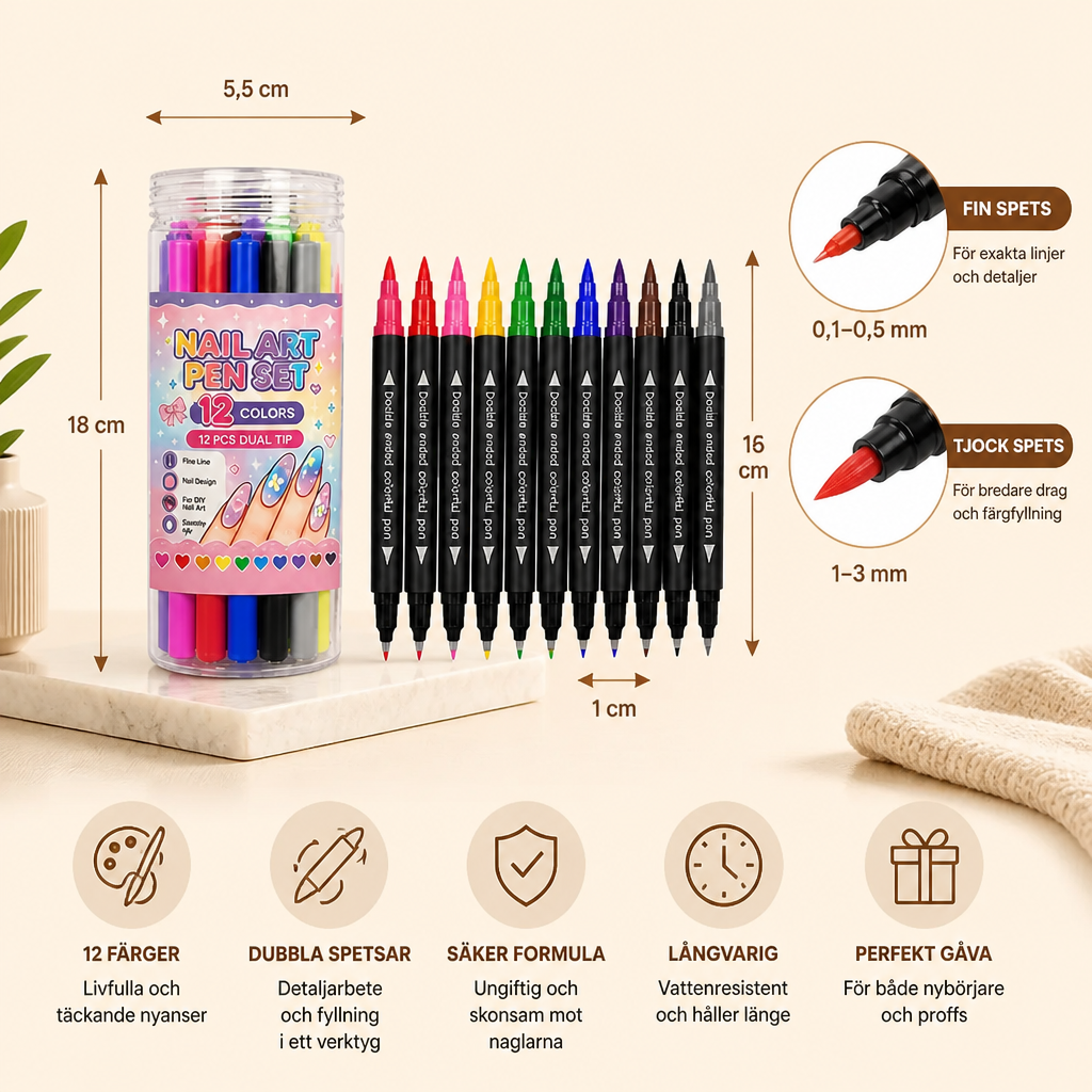 Set med 12 Nagelpennor med Dubbla Spetsar – Fina Detaljer och Kreativa Designer