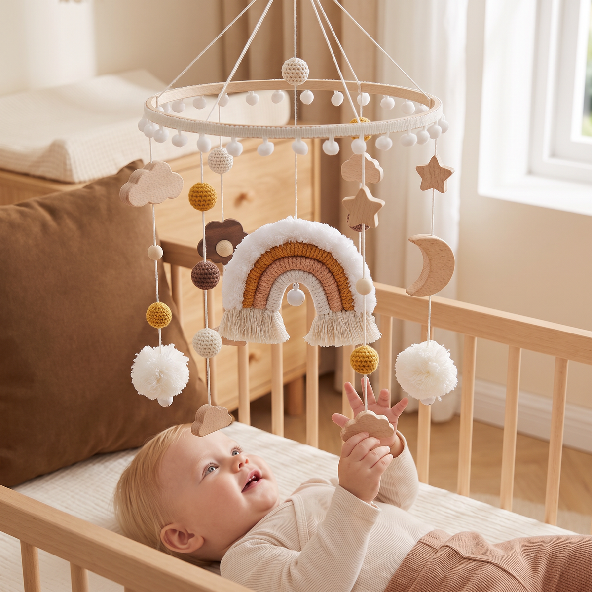 Handgjord Baby-Mobile i Trä & Virkade Hängare – Beroligande Sängleksak för Nyfödda