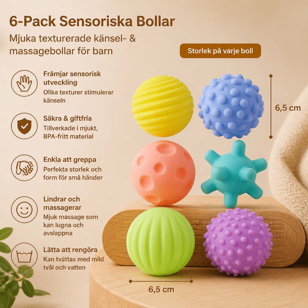6-Pack Sensoriska Bollar – Mjuka Texturerade Känsel- & Massagebollar För Bebisar Och Barn