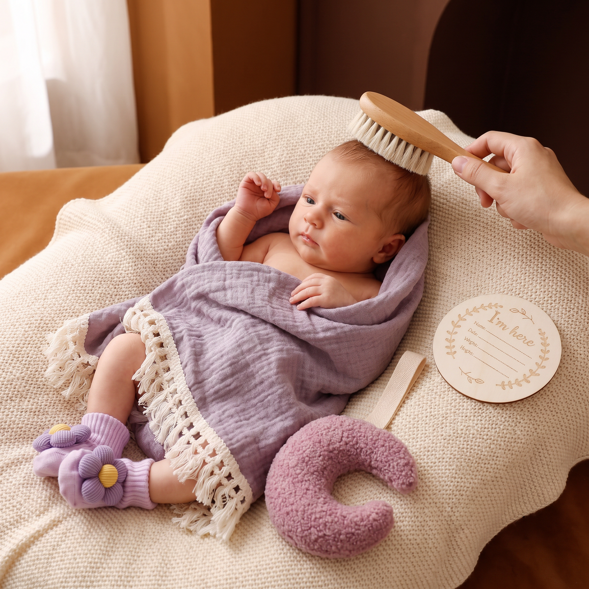 Babyvårdspresentbox – handduk, strumpor eller hårband och badborste för nyfödda
