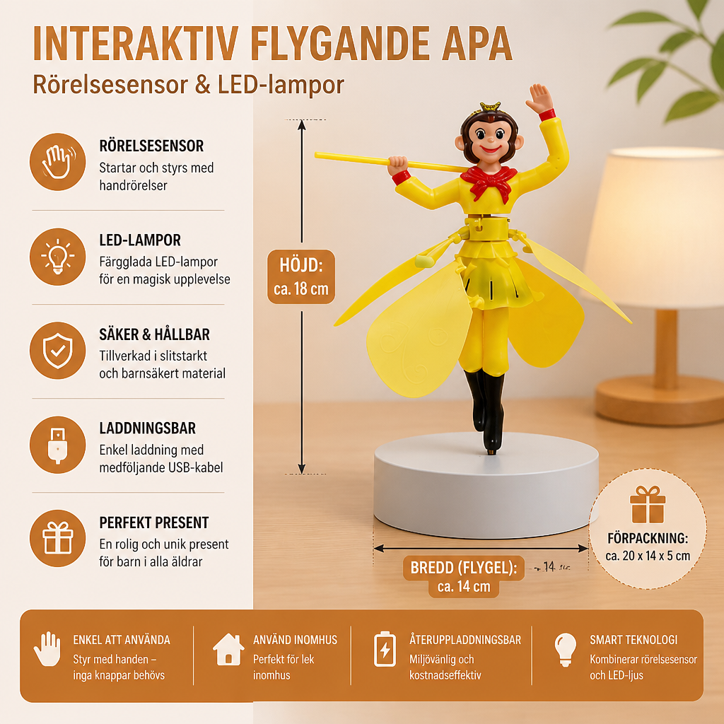 Interaktiv flygande ap-leksak med rörelsesensor och LED-lampor