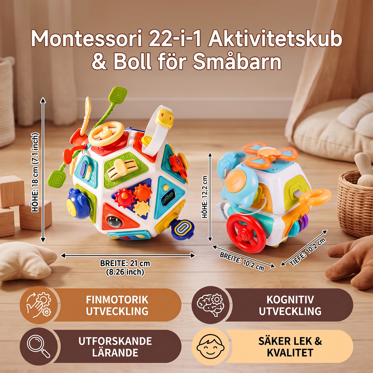 Montessori 22-i-1 Aktivitetskub för Småbarn – Leksak för Motorik och Utforskande