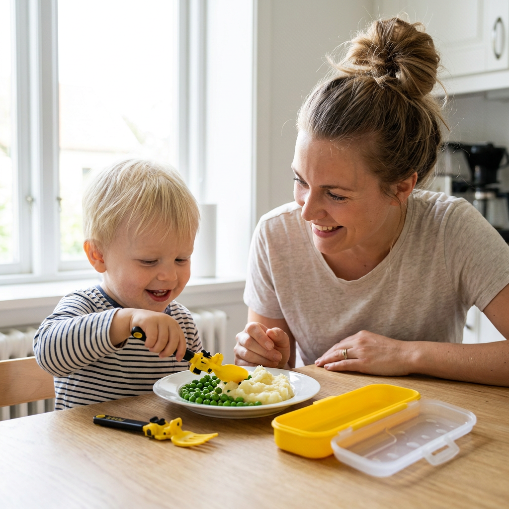 3-delat bestickset för barn med anläggningsfordon – sked, gaffel och resefodral