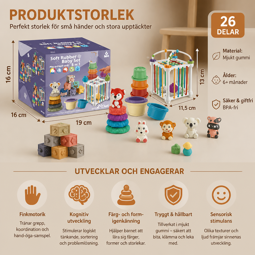 5-i-1 Montessori Sensoriskt Lekset för Bebisar i Mjukt Gummi med Staplings- och Sorteringsleksaker – 26 Delar