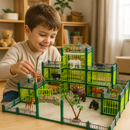 Modulärt Zoo-Byggset Att Bygga Själv Med Djurfigurer & Interaktiva Inhägnader