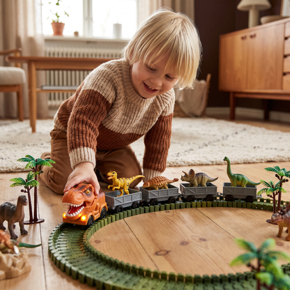 Dinosaurieäventyr på bana – flexibel racerbana med ljusande tåg