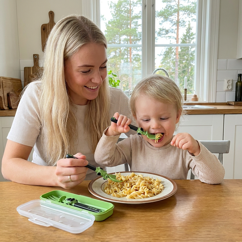 3-delat bestickset för barn med anläggningsfordon – sked, gaffel och resefodral