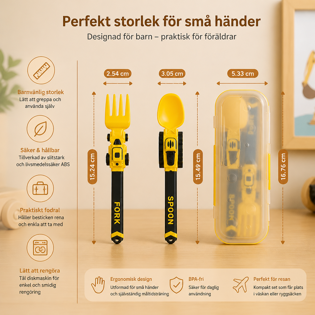 3-delat bestickset för barn med anläggningsfordon – sked, gaffel och resefodral