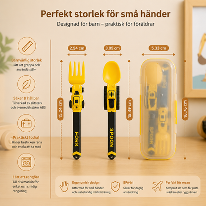 3-delat bestickset för barn med anläggningsfordon – sked, gaffel och resefodral