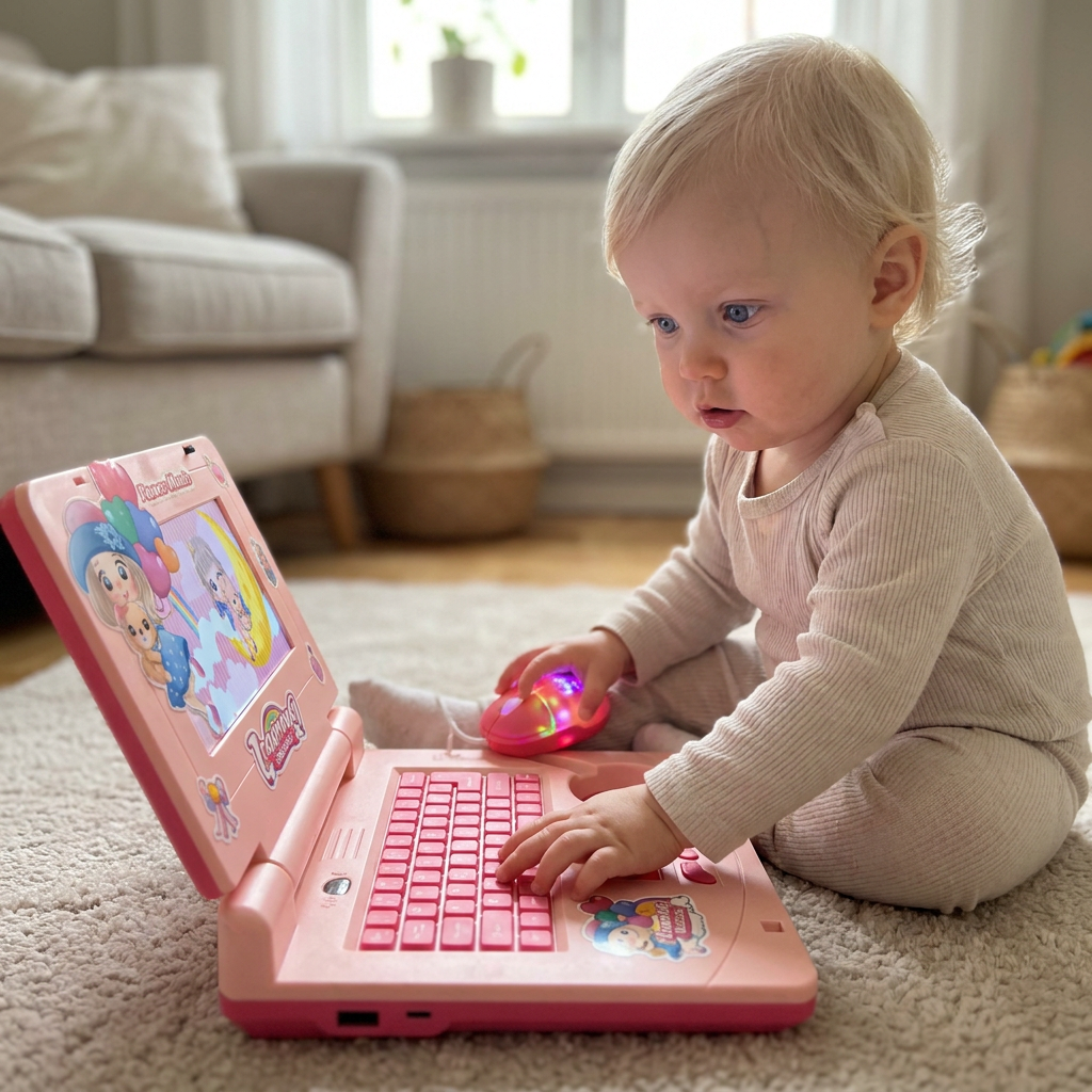 Interaktiv laptop för barn med ljus, musik och rullande skärm