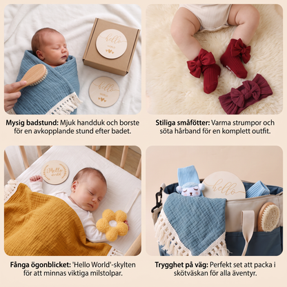Babyvårdspresentbox – handduk, strumpor eller hårband och badborste för nyfödda