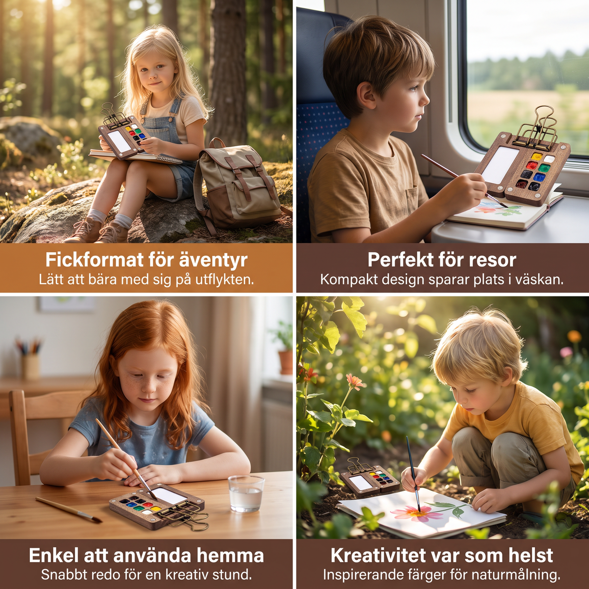 Mini Reseakvarellpalett – Fickformat Målarset med Kompakt Träetui
