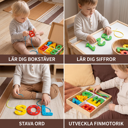 Bokstäver, siffror och färger – träträningsspel med snörning
