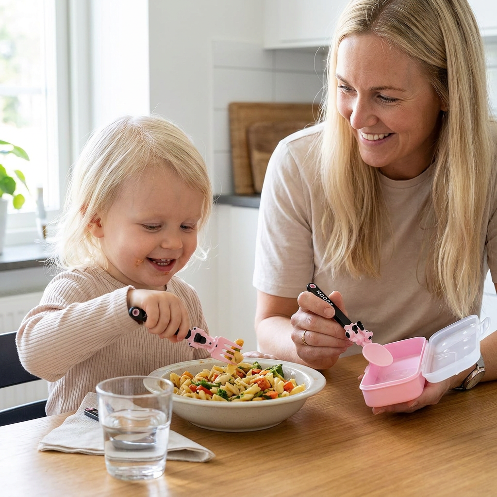 3-delat bestickset för barn med anläggningsfordon – sked, gaffel och resefodral