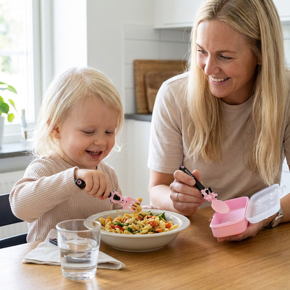 3-delat bestickset för barn med anläggningsfordon – sked, gaffel och resefodral