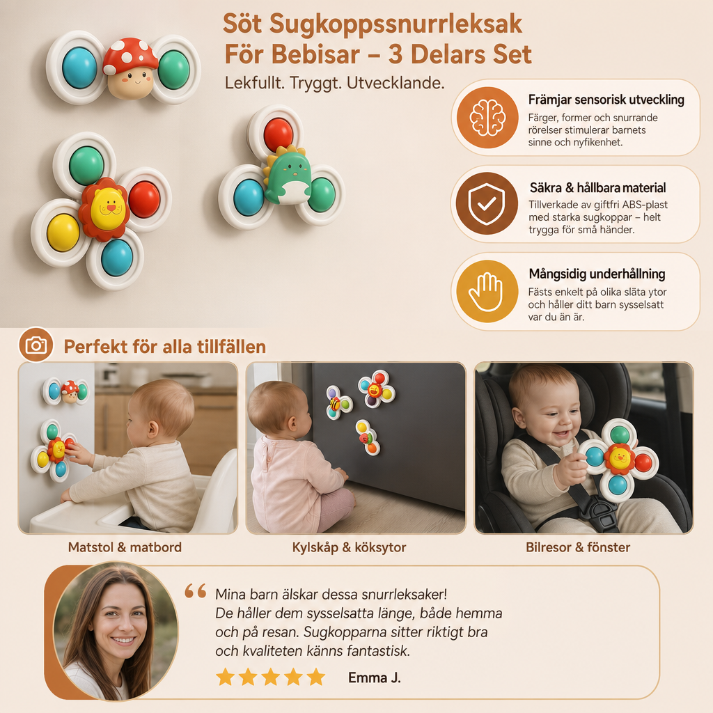 Söt Snurrleksak Med Sugkoppar För Bebisar – 3-Delars Set