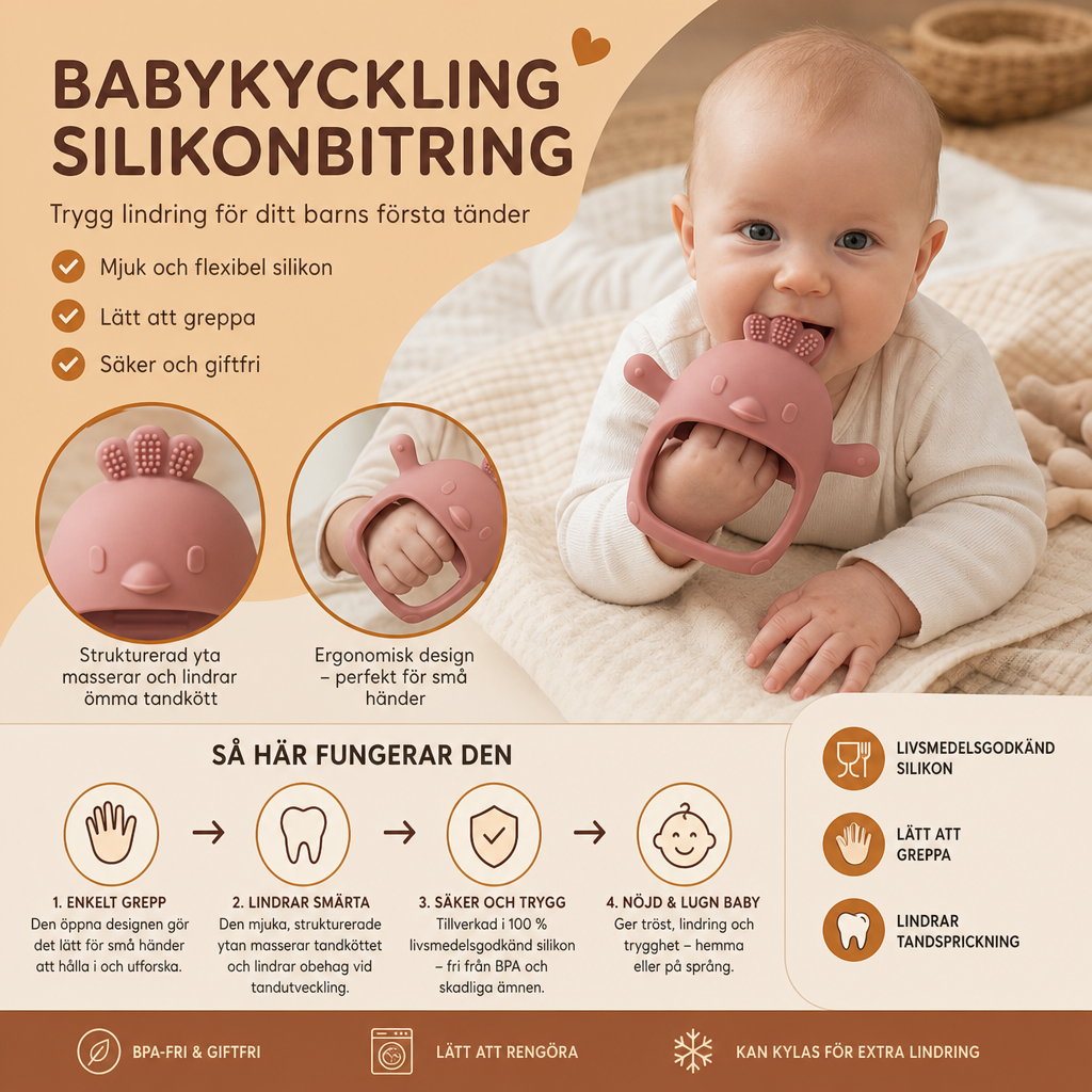 Babykyckling Silikonbitring – Tandningshjälp i livsmedelsgodkänd silikon