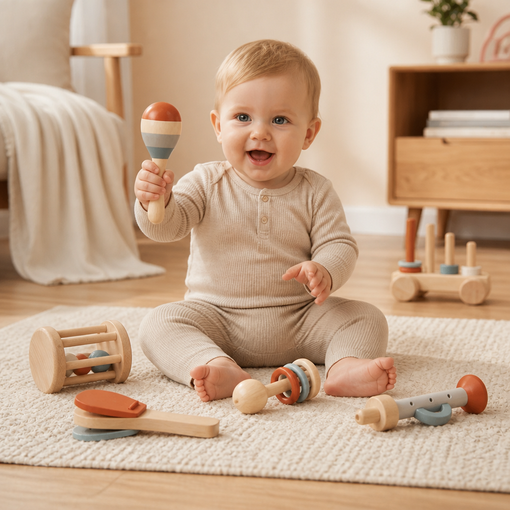 Montessori Trä-Musikinstrument Set för Bebisar – 5-delat Sensoriskt & Rassel Leksak