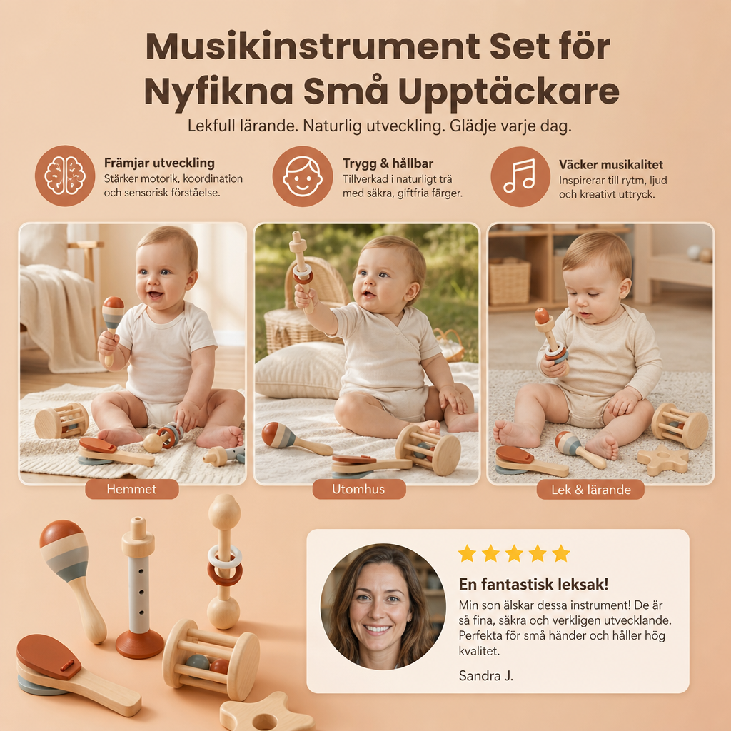 Montessori Trä-Musikinstrument Set för Bebisar – 5-delat Sensoriskt & Rassel Leksak