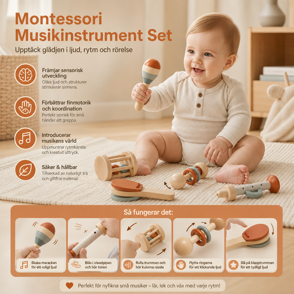 Montessori Trä-Musikinstrument Set för Bebisar – 5-delat Sensoriskt & Rassel Leksak