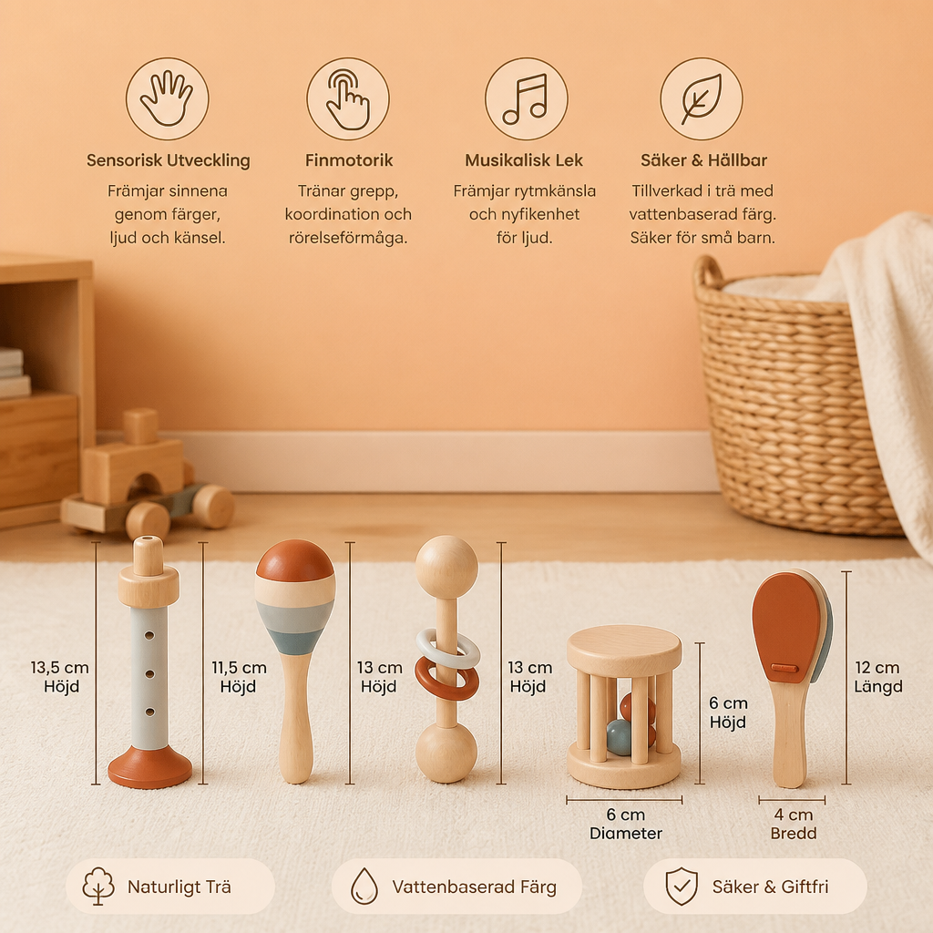 Montessori Trä-Musikinstrument Set för Bebisar – 5-delat Sensoriskt & Rassel Leksak