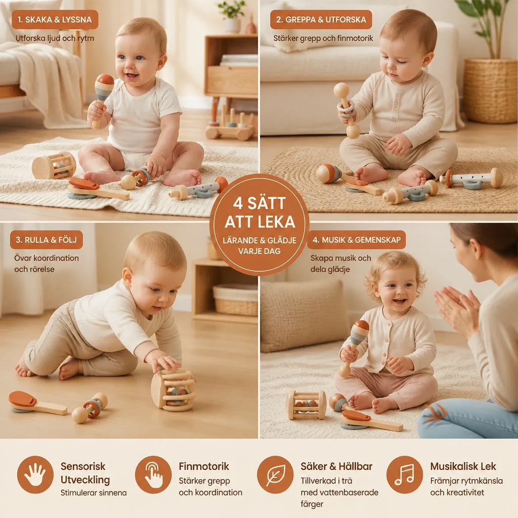 Montessori Trä-Musikinstrument Set för Bebisar – 5-delat Sensoriskt & Rassel Leksak