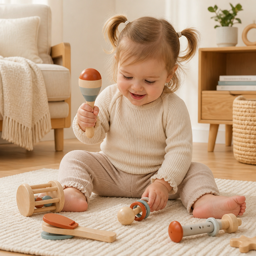 Montessori Trä-Musikinstrument Set för Bebisar – 5-delat Sensoriskt & Rassel Leksak