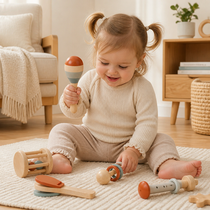 Montessori Trä-Musikinstrument Set för Bebisar – 5-delat Sensoriskt & Rassel Leksak