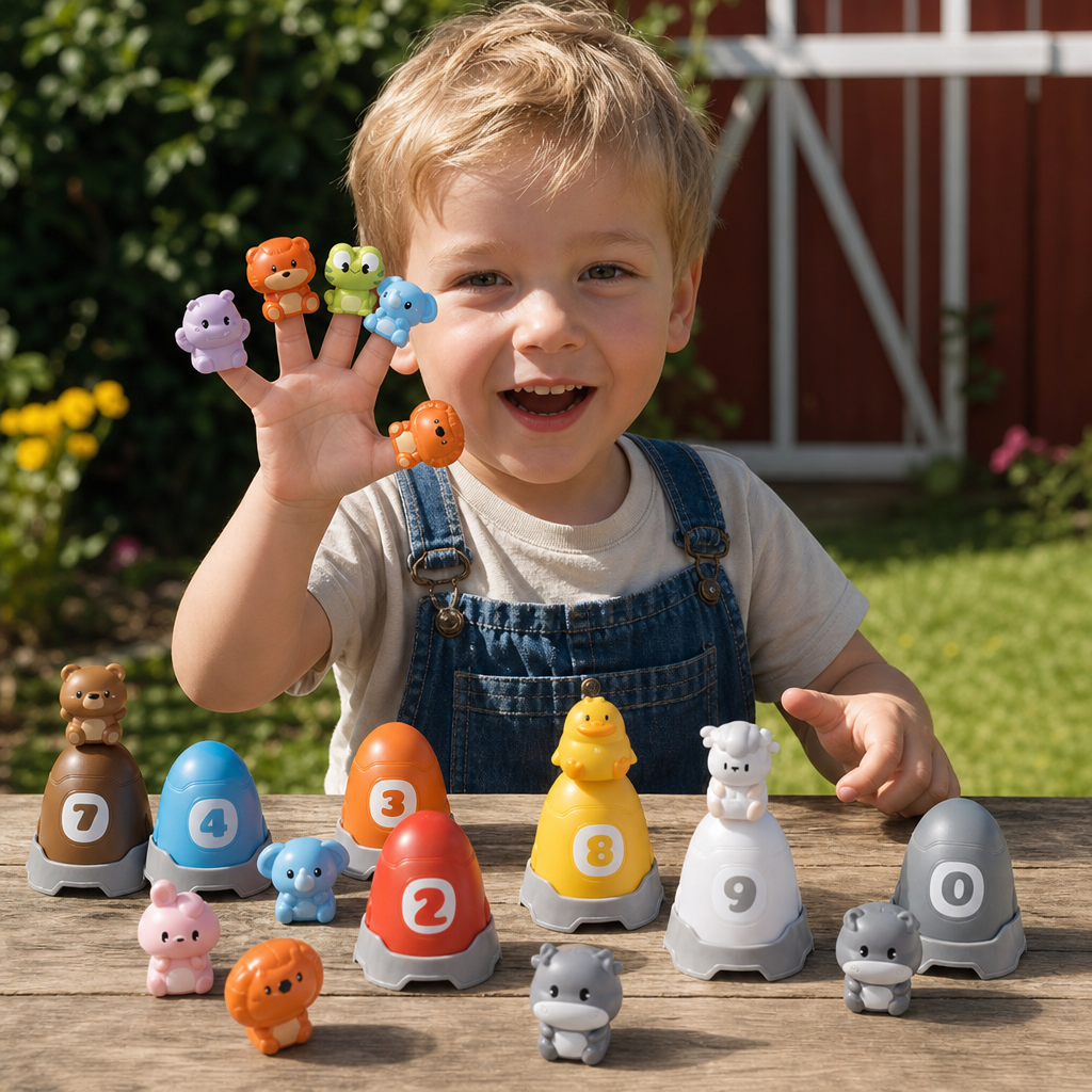 Montessori Fingerdukeset Med Mjuka Gummidjur Från Bondgården För Färgsortering Och Sifferinlärning