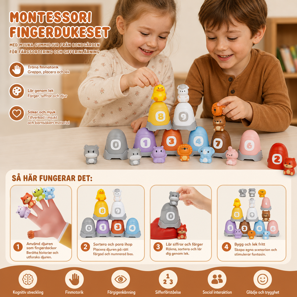 Montessori Fingerdukeset Med Mjuka Gummidjur Från Bondgården För Färgsortering Och Sifferinlärning