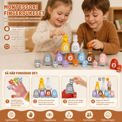 Montessori Fingerdukeset Med Mjuka Gummidjur Från Bondgården För Färgsortering Och Sifferinlärning