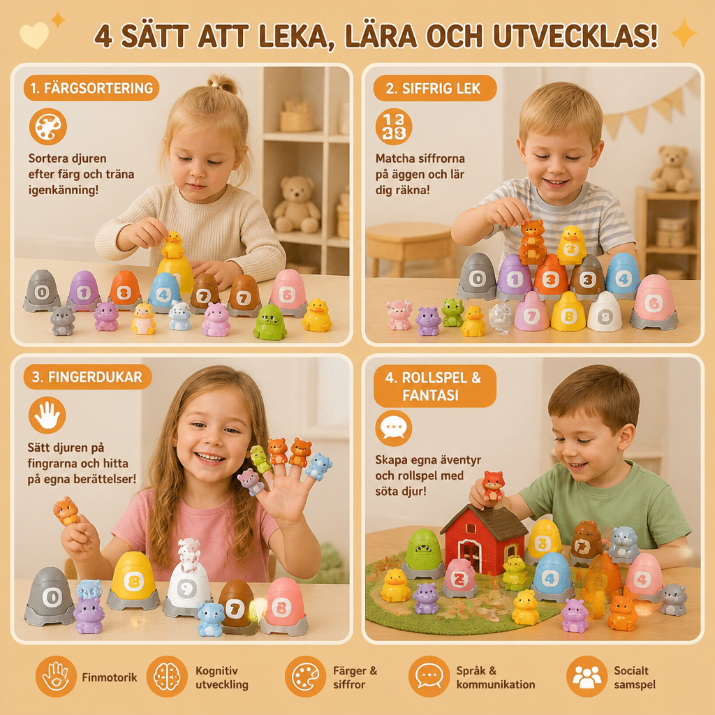 Montessori Fingerdukeset Med Mjuka Gummidjur Från Bondgården För Färgsortering Och Sifferinlärning