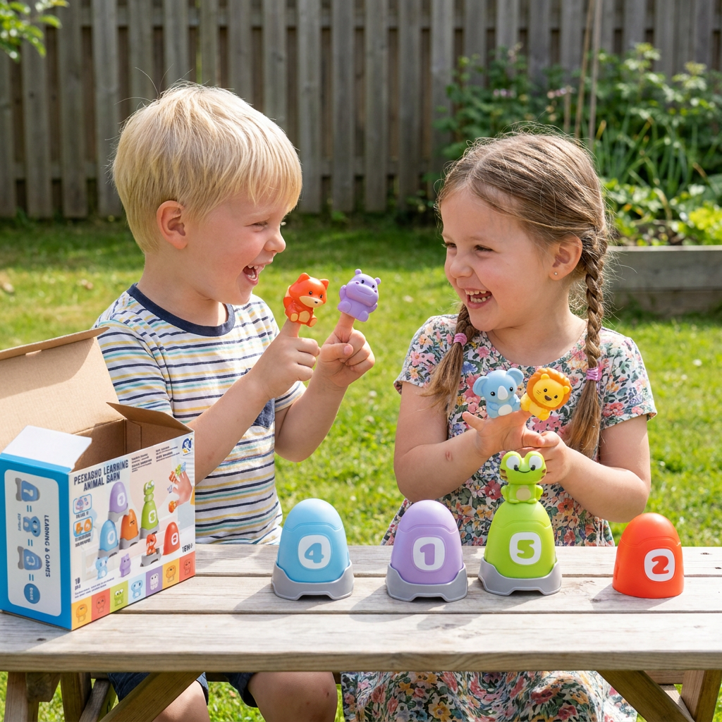 Montessori Fingerdukeset Med Mjuka Gummidjur Från Bondgården För Färgsortering Och Sifferinlärning