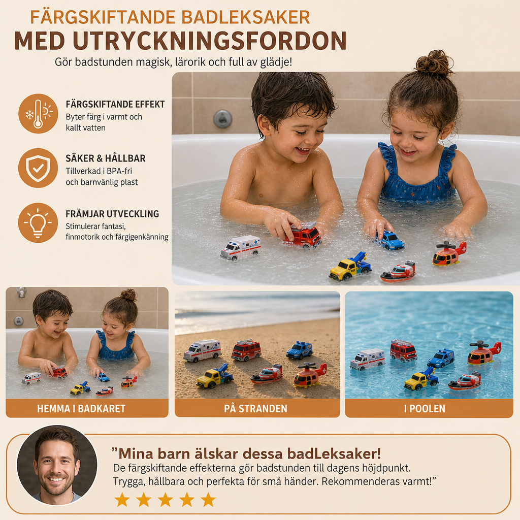6-pack färgskiftande badleksaker med utryckningsfordon för bebisar och småbarn