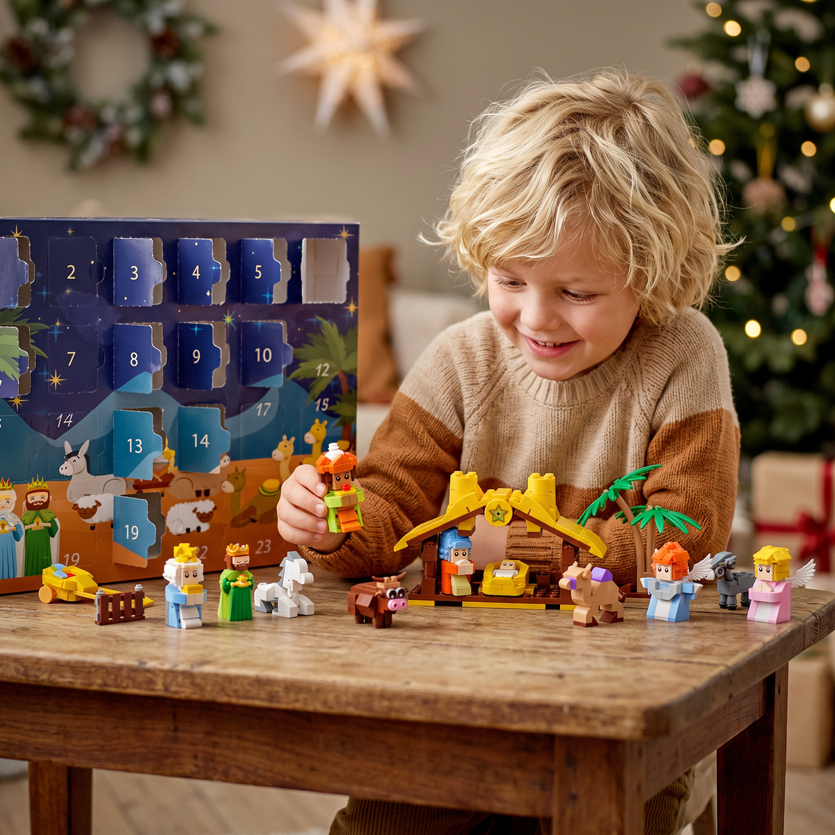 Julkrubba adventskalender med byggklossar för barn