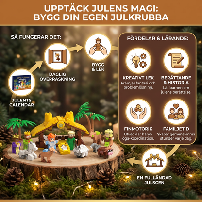 Julkrubba adventskalender med byggklossar för barn